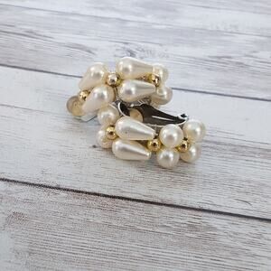 Vintage Clip On Earrings Faux Pearl & Gold Tone Half Hoop - Repair Needed